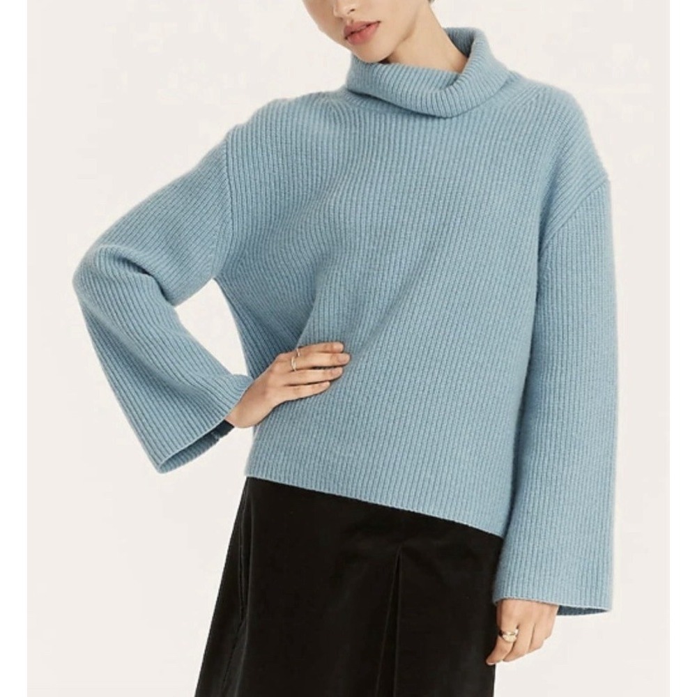 NWT J Crew Wool Cashmere Turtleneck Sweater M Light Blue Ribbed Cozy Pullover